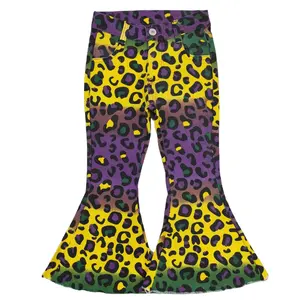 Nouvelle arrivée pantalons pour enfants filles imprimé léopard jaune vert violet denim pantalon filles cloche bas