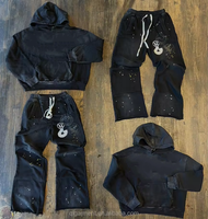 Ensemble de survêtement en molleton effet vieilli et délavé à l'acide, imprimé et brodé, style streetwear, pour la vente en gros