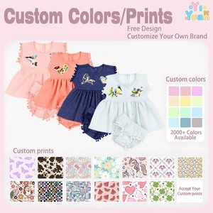 Tenue d'été <span class=keywords><strong>2</strong></span> pièces pour bébés filles, avec applique d'oiseau, garniture pompon, haut sans manches, short bouffant, ensemble de vêtements décontractés pour tout-petits - Product Image 3