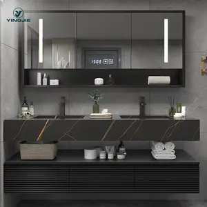 Euro stil banyo siyah mermer dolap 36 inç banyo sinterlenmiş taş Vanity sayaç üst askıya çift lavabo ile Set