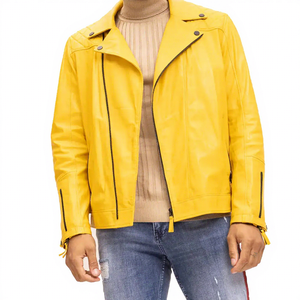 Blouson en cuir véritable jaune pour homme, fermeture éclair asymétrique, épaules matelassées, en peau de mouton, style motard, veste d'hiver personnalisée, mode éclatante - Product Image 1