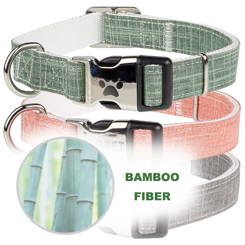 New Material Bamboo Fiber Cotton Pink Gray Green Adjustable Metal Buckle Brand Logo Dog Collar