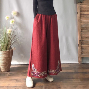 Loose Retro Chinese Style Elastic Waist Cotton Linen Pants With Embroidery Wide Legs For Women - Product Image 4