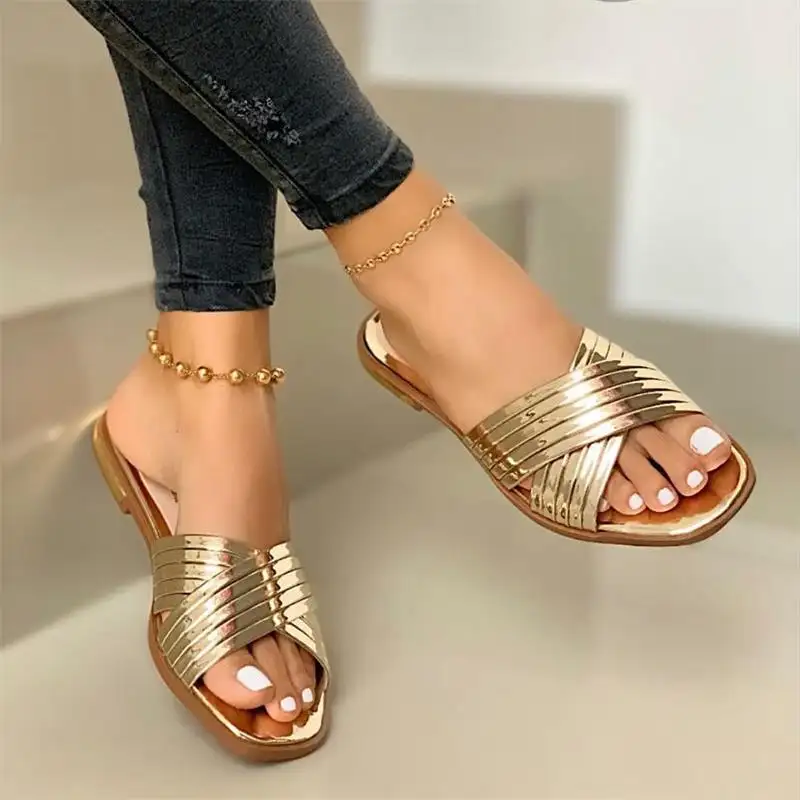 Zapatillas deslizantes para mujer, zapatillas con purpurina de verano, calzado para interiores y exteriores, zapatos planos de moda de cristal, zapatos planos Retro para mujer