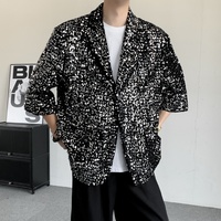 Blazer décontracté noir à sequins pour homme, manches 3/4, simple boutonnage, idéal pour scène, soirée et performance