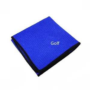 2021 microfibre waffle weave serviettes de golf avec clip en métal crochet gaufres serviettes de golf avec broderie personnalisée logo bleu