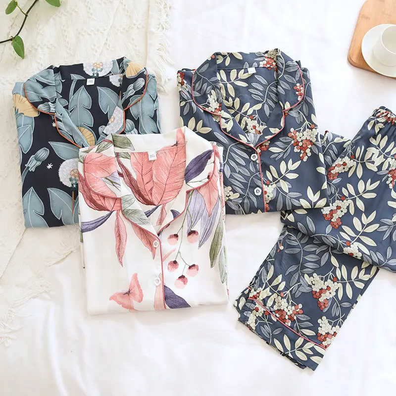 Baumwolle Seide Damen Pyjamas für Frauen Sommer 2 Stück Langarm Rayon Pyjamas Sommer Soft Silk Set Blumen Nachtwäsche Set