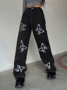 MH310 Jeans à jambe large imprimé papillon style américain streetwear pour femme, taille haute, coupe droite ample, style Old Spice Girl - Product Image 2