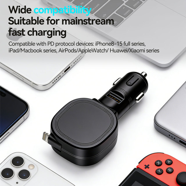 Super Fast Charging Retractable Cable Car Charger with 30W Output Power Flash Type-C IOS 5V/2.4A Cigarette Lighter Style