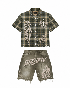 DiZNEW Set Personalizzato OEM <span class=keywords><strong>Camicia</strong></span> a Quadri con Strass e Pantaloncini in Denim per <span class=keywords><strong>Uomo</strong></span>, Stile Y2K Gotico Grunge Streetwear, Set 2 Pezzi BSCI - Product Image 2