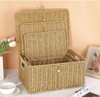 Panier de rangement en plastique tressé rectangulaire multi-usages, écologique, fait main, 3 pièces, avec couvercle et poignée, décoration d'intérieur, style nordique
