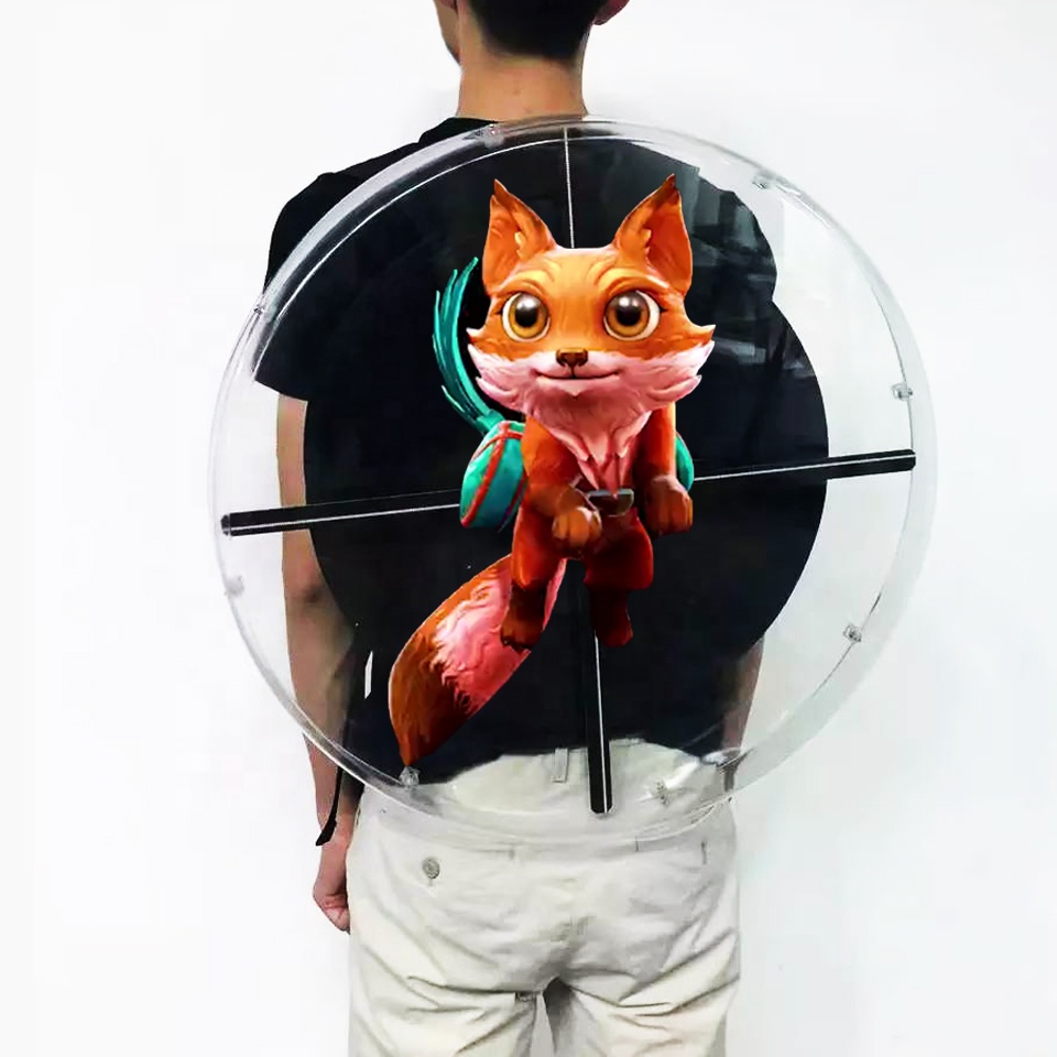 Mochila de holograma 3D portátil, ventilador de 4 cuchillas, cartelera para caminar Led, pantalla de publicidad holográfica, publicidad de ojo desnudo al aire libre