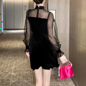 ZYHT 80381 nuovo arrivo abito a maniche lunghe da <span class=keywords><strong>donna</strong></span> a vita alta a linea abito in velluto di pizzo da <span class=keywords><strong>donna</strong></span> abito elegante da festa di moda unico - Product Image 3