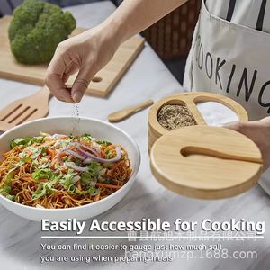 Bamboo Spice <b>Jar</b> With Lid And Spoon 3.9inch Diameter 2.95inch Height Multi Compartment <b>Storage</b> Container <b>For</b> <b>Kitchen</b> Use - Product Image 4