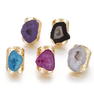 Geode Irregular-anillo abierto de piedra auténtica para mujer, anillos de ágata ajustables, joyería Riki con chapado en oro