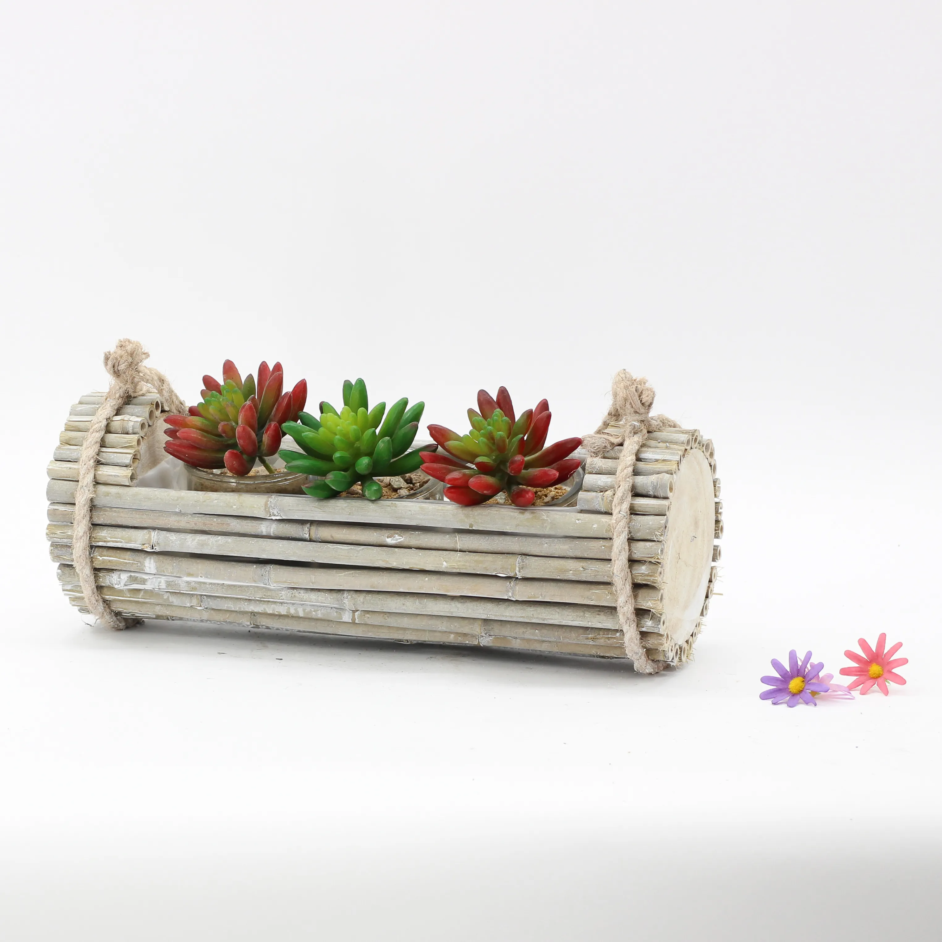 beautiful cheap mini bamboo garden pot with rope handle
