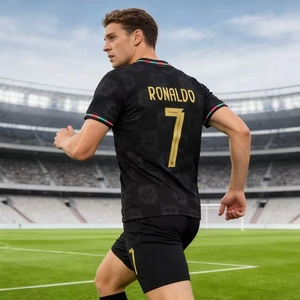 חולצת כדורגל שחורה-זהובה של נבחרת פורטוגל למבוגרים, סיטונאי, 100% פוליאסטר, סט מדים לכדורגל - Product Image 5