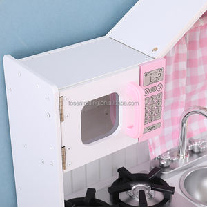 Cuisine en bois pour jeu de rôle avec rideau, robinet, évier, brûleur et four pour enfants - Rose - Product Image 6