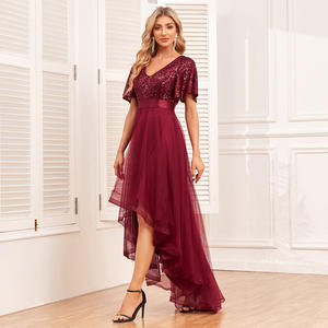 Vestido de dama de honor de moda con cuello en V A-line gasa esponjosa Irregular manga corta vestidos de noche elegantes vestidos de graduación de lentejuelas - Product Image 2