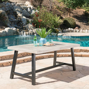 <b>Outdoor</b> Light Grey Acacia Wood Dining <b>Table</b> With <b>Black</b> Metal Frame Poolside Use - Product Image 1