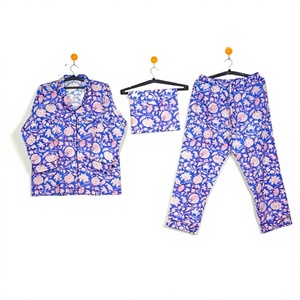 Summer Elegant Pure Cotton Block Printed Floral Comfortable Breathable Soft Women's Pajama Shorts Set 3 Pcs - Product Image 1