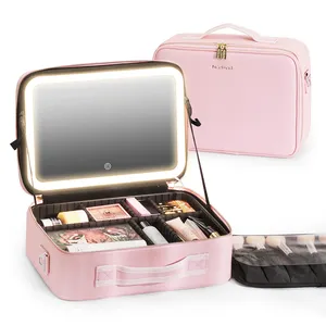 Beauty Travel Makeup Case With Large Lighted Mirror Cosmetic Bag Professional Cosmetic Artist Bag Thread Cover Box