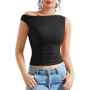 Top Y2K de un solo hombro para mujer, manga corta, ajustado, de punto elástico, con aberturas, camiseta básica para uso diario - Product Image 3