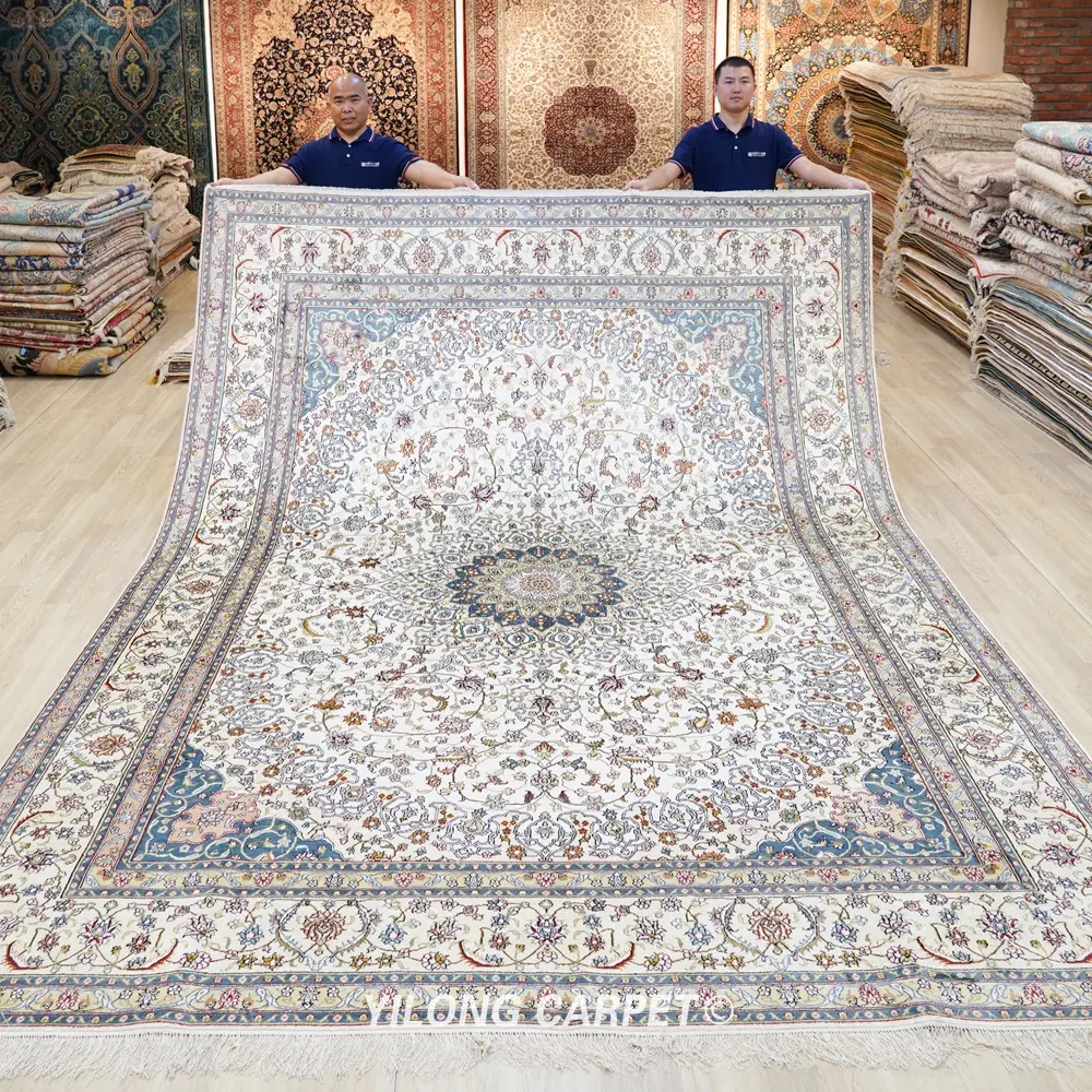 YILONG מלבן 9'x12 בז 'פרסית משי אזור שטיח מזרחי בעבודת יד סלון בסדר פרסית שטיח