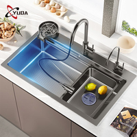 Évier de cuisine moderne intelligent à affichage numérique à LED, bol unique, style pluie volante, forme carrée, un trou profond, double cuisine