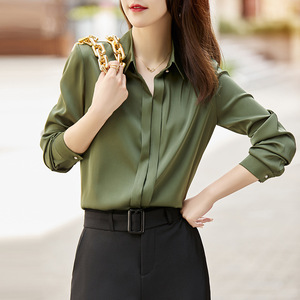 Women's Green Satin Shirt Long Sleeve Solid Color Office Wear Professional Blouse Spring Autumn 2024 - Product Image 4