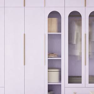 Home Luxury Custom Hinged Wardrobe Pastel Purple Finish European Modern Style With Gold Handles & Arched Glass Niche - Product Image 5