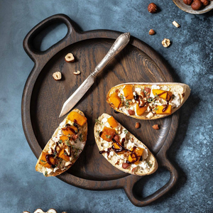 PROMOTION Plateau alimentaire rond en bois à compartiments, Assiette <span class=keywords><strong>de</strong></span> présentation en bois <span class=keywords><strong>de</strong></span> chêne foncé pour aliments et salades avec poignées - Product Image 3