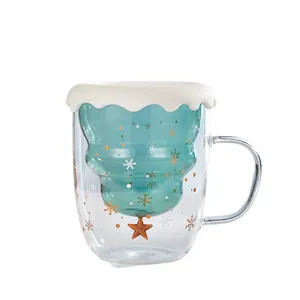Vasos de borosilicato alto, árbol de Navidad verde, taza de cristal de estrella, taza de vidrio de doble pared, taza de café aislada para regalo de Navidad