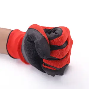 Custom Logo 13G Rubber Dipped Red Polyester Work Gloves Latex And Nylon Crinkle Palm Coated Garden Gloves