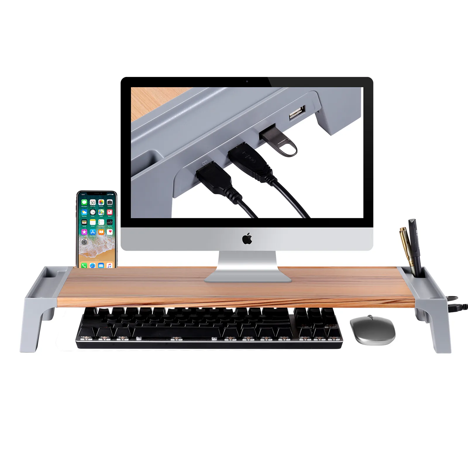 Tas hub usb perekat kurva vertikal kustom dengan tampilan produsen kulit ganda aluminium Putar dudukan laptop kayu vertikal