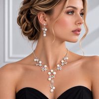 Ensemble de bijoux de mariée SLBRIDAL avec cristaux étincelants, zircon cubique, perles, fleurs, collier et boucles d'oreilles en CZ pour femmes, bijoux de soirée