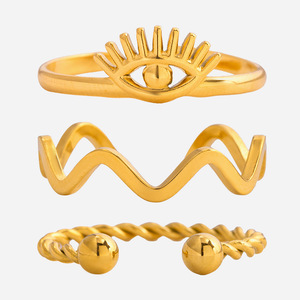 Ensemble de 3 bagues ajustables en acier inoxydable 18K, motif œil protecteur, géométrie ondulée, bijoux unisexes, cadeau - Product Image 1