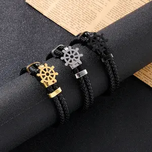 Cool Manly Stainless Steel Clasp Double Layers Cowhide Genuine Leather Braided Rudder Buckle Man Bracelets Bangle For Men