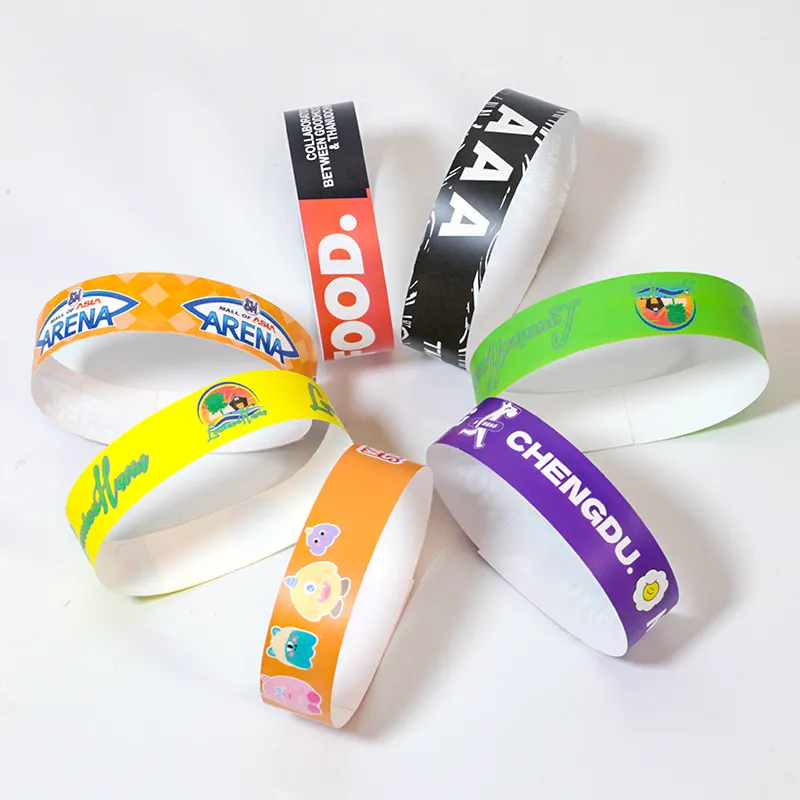 Gran oferta, 250*25mm o 250*19mm, patrones personalizados desechables, pulsera Tyvek, bandas de boletos para eventos, pulseras de papel a prueba de desgarros