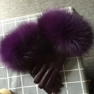 2022热销羊皮皮手套配狐狸毛时尚女皮草装饰冬季皮手套