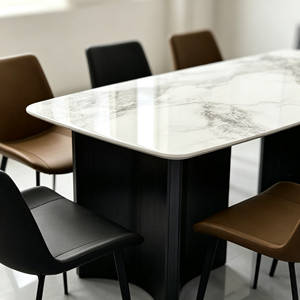 Ensemble de table à manger rectangulaire moderne en pierre frittée, plateau veiné blanc et gris avec 6 chaises en PU multicolores, meubles de salle à manger pour la maison - Product Image 3