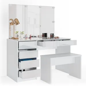Mobiliário de quarto moderno por atacado penteadeira de madeira branco de alto brilho com banco e luzes LED mesa de maquiagem