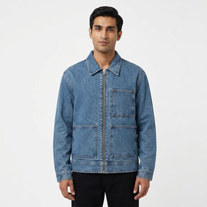 Veste en jean pour homme avec logo personnalisé, col montant, capuche, respirante, design vintage élégant, bleu sport, streetwear, patch frontal - Product Image 1
