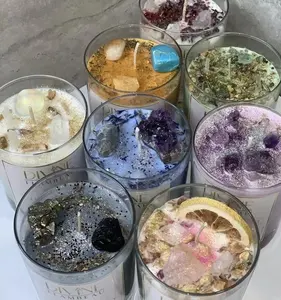 Soja Wachs Bienenwachs Eis Chakra Heilung Geld Horoskop Sternzeichen Zinn Glas Duft kerzen mit Kristallen und Blumen im Inneren