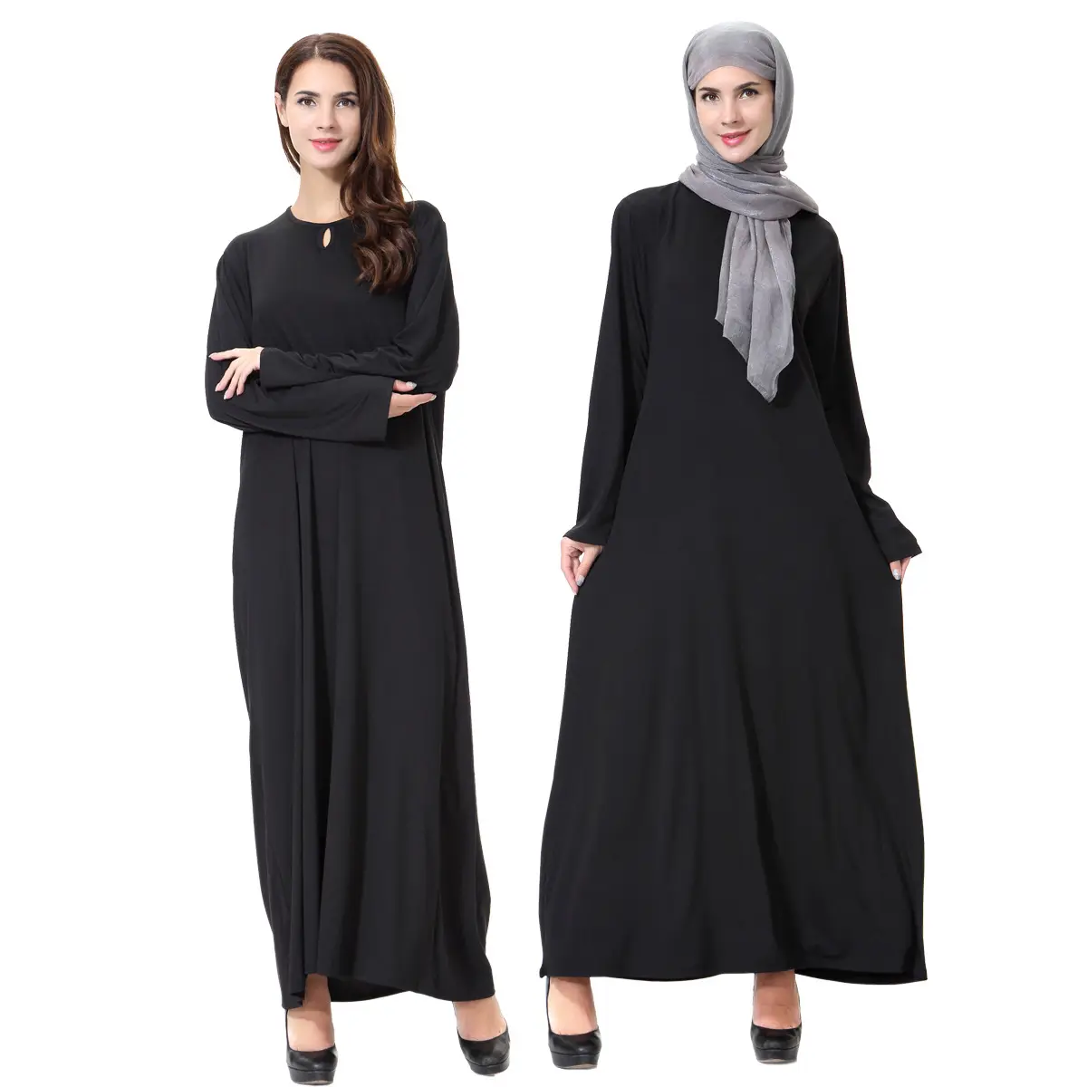 Gaun doa Abaya Muslim wanita lengan panjang, Gaun kasual Dubai Arab penutup penuh leher Abaya kerah bulat