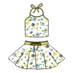 Conjunto de 2 Piezas para Niñas, Top Halter y Falda de Seda Láctea, Estampado Completo, Informal, Transpirable, Ropa de Verano para Niños, Personalizable - Product Image 1