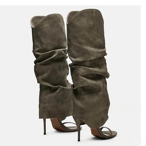 2026 New Style Trendy Cool Women's <b>Black</b> Pu Patchwork Hard-Wearing Ruffled Knee-Length 7cm/8cm Wedge <b>Heel</b> <b>Open</b>-<b>Toe</b> Sandals - Product Image 5