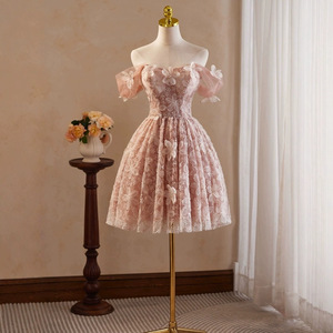 Pink Off The Shoulder Evening Gown Empire Waist 3D Floral Lace Vintage Style For Banquet Party Dress - Product Image 2