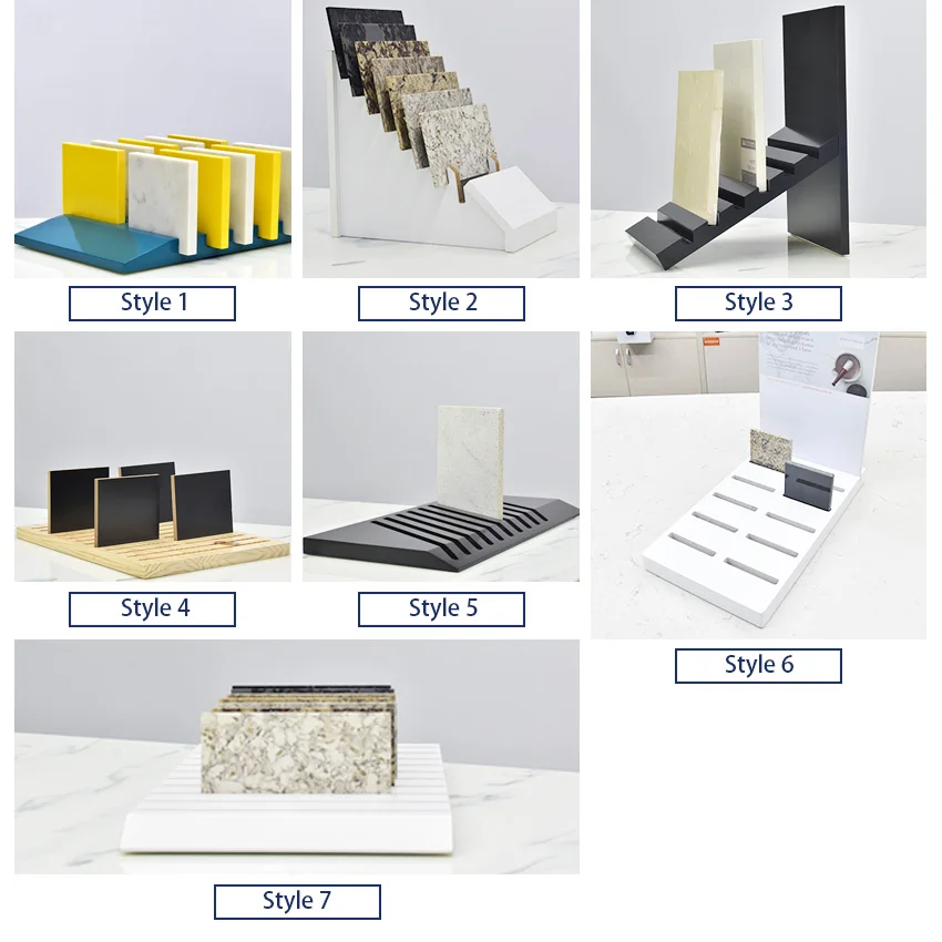 Tsianfan Factory Custom Countertop Stone Sample Display Racks Ceramic Granite Desk Stand Tiles Quartz Table Top Wooden Display