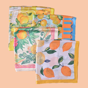 Écharpe en <span class=keywords><strong>soie</strong></span> imitation personnalisée avec logo pour femmes - Écharpe carrée en satin de polyester brillant à imprimé citron italien, douce et soyeuse - Product Image 6